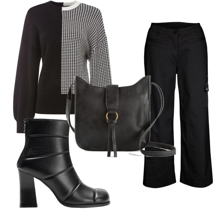 Outfit donna - Total look #1499614. Stile Trendy per Tutti i giorni. Abbinamento con pantaloni cargo, borse a tracolla, maglieria, stivaletti.