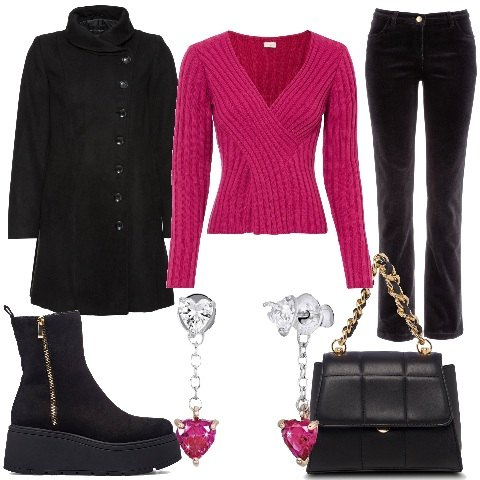 Outfit donna - Fucsia e stop!. Stile Casual chic per Tutti i giorni. Abbinamento con pantaloni, maglieria, cappotti, orecchini, stivaletti, borse a tracolla.