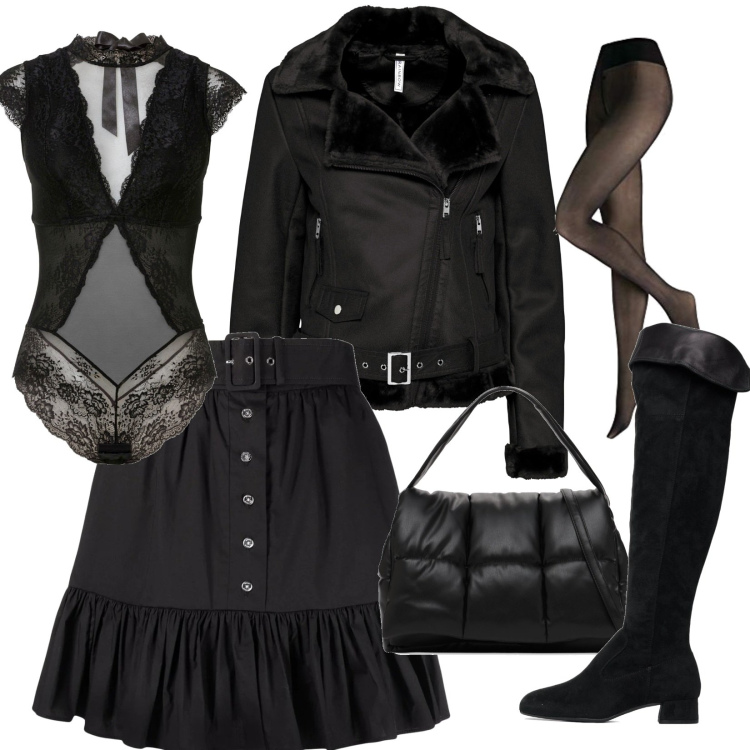Outfit donna - Drack. Stile Rock per Tutti i giorni. Abbinamento con body, cappotti, minigonne, stivali sopra il ginocchio, borse a spalla, collant.