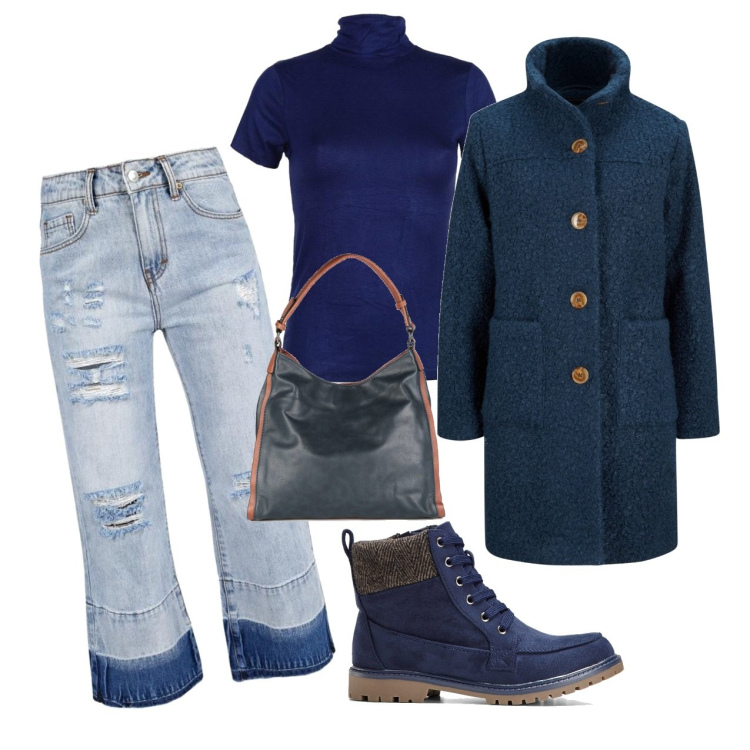 Outfit donna - Oggi blu. Stile Casual chic per Tutti i giorni. Abbinamento con cappotti, stivaletti, jeans strappati, borse a spalla, t-shirt.