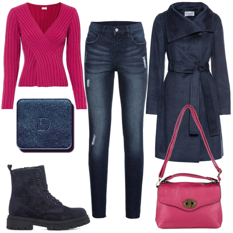 Outfit donna - Fucsia & Blue. Stile Basic per Tutti i giorni. Abbinamento con jeans strappati, maglieria, cappotti, borse a mano, anfibi, ombretti.