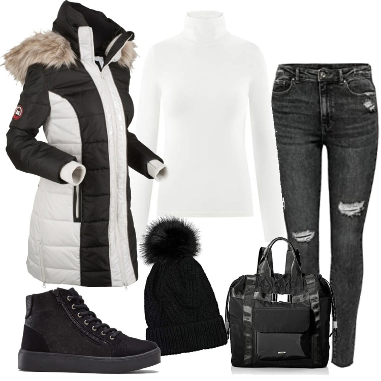 Outfit mujer - Basic #129. Estilo Basic para Todos los días. Combinación con vaqueros pitillo, mochilas, prendas de punto, gorros, abrigos, sneakers altas.