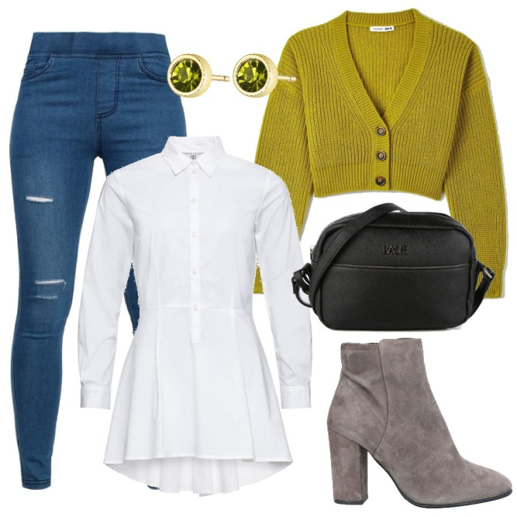 Outfit donna - Verde acido. Stile Casual per Tutti i giorni. Abbinamento con camicie, stivaletti, cardigans, jeggings, borse a mano, orecchini.