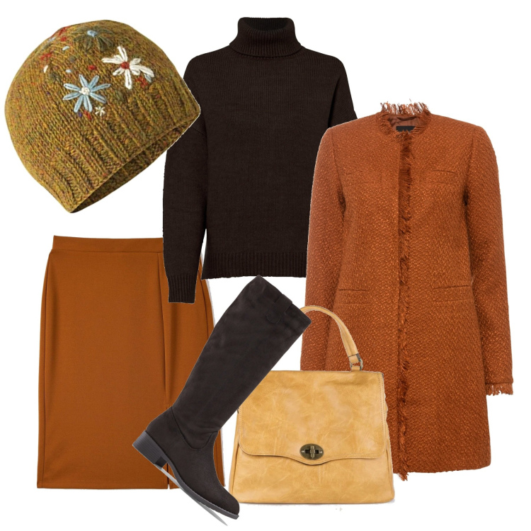 Outfit donna - Caffè e biscotti il pomeriggio. Stile Chic per Tutti i giorni. Abbinamento con stivali, trench, maglieria, gonne, borse a mano, cappelli.