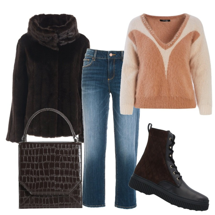 Outfit donna - Casual con l\'ecopelliccia. Stile Casual per Tutti i giorni. Abbinamento con stivaletti, borse a mano, blazer, jeans, maglieria.