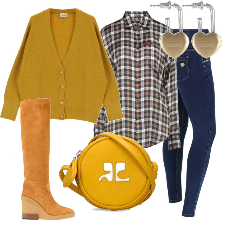 Outfit donna - Gli stivali con la zeppa. Stile Casual chic per Tutti i giorni. Abbinamento con camicie, stivali, pantaloni, cardigans, borse a spalla, orecchini.