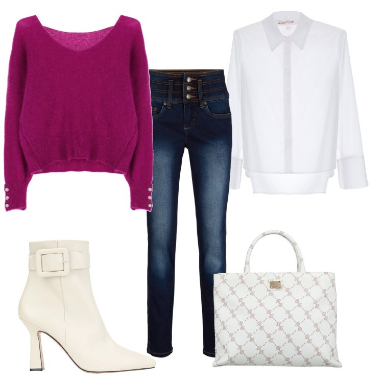 Outfit donna - Pull viola oversize. Stile Casual per Ufficio. Abbinamento con stivaletti, borse a mano, jeans, pullovers, camicie.