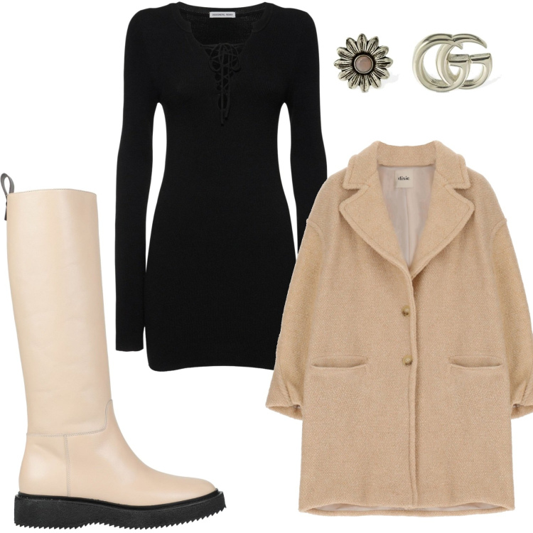 Outfit donna - Stivale alto. Stile Casual per Tutti i giorni. Abbinamento con stivali, cappotti, vestiti, orecchini.