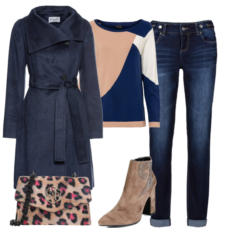 Outfit donna - Blu e marrone. Stile Casual chic per Tutti i giorni. Abbinamento con jeans boyfriend, maglieria, cappotti, borse a tracolla, stivaletti.