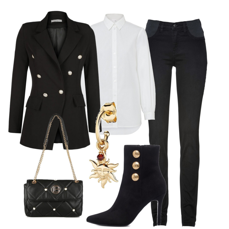 Outfit donna - Giacca e camicia. Stile Casual chic per Tutti i giorni. Abbinamento con jeans skinny, camicie, blazer, borse a mano, orecchini, stivaletti.