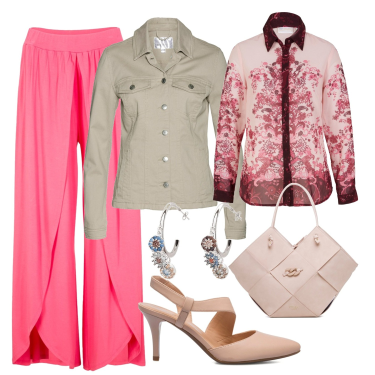 Outfit donna - Non passa inosservata. Stile Casual per Tutti i giorni. Abbinamento con blazer, camicie, pantaloni, orecchini, décolleté, borse a spalla.