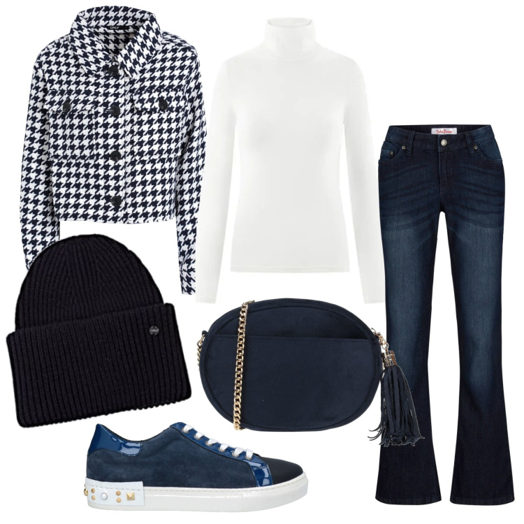 Outfit mujer - Urban #123. Estilo Urban para Escuela/Universidad. Combinación con gorros, prendas de punto, vaqueros bootcut, blazers, bandoleras, sneakers.