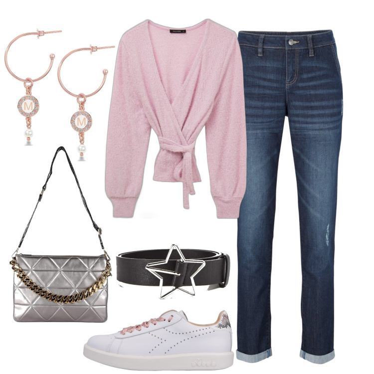 Outfit donna - Lo scaldacuore rosa. Stile Romantica per Tutti i giorni. Abbinamento con jeans boyfriend, sneakers, cinture, pochette, orecchini, cardigans.
