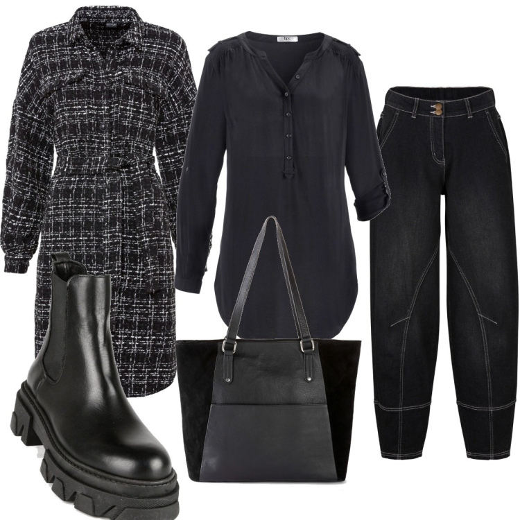 Outfit donna - Trendy #333. Stile Trendy per Tutti i giorni. Abbinamento con tuniche, jeans, cappotti, shopping bag, stivaletti.