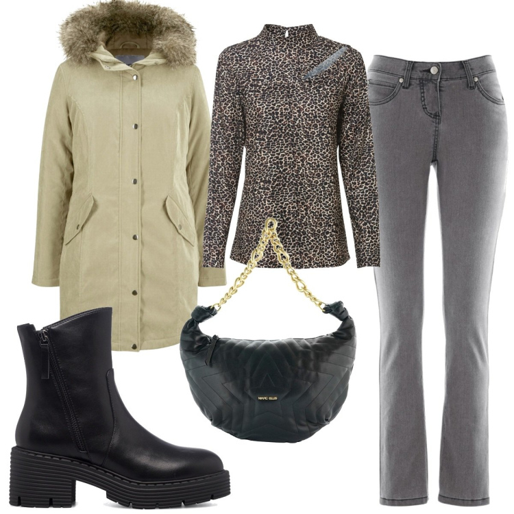 Outfit donna - Total look #1500804. Stile Trendy per Tutti i giorni. Abbinamento con jeans slim fit, parka, maglieria, borse a spalla, stivaletti.