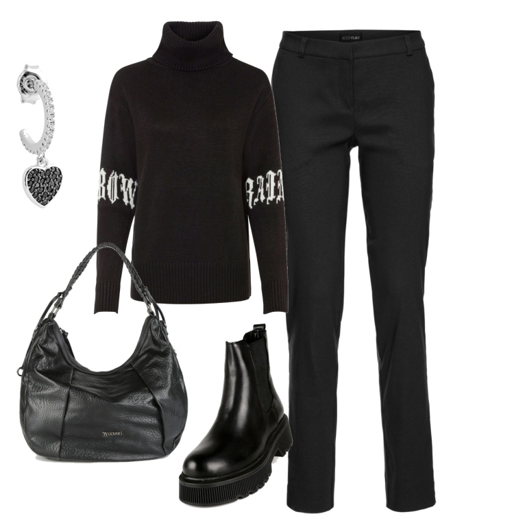 Outfit donna - In città. Stile Casual chic per Tutti i giorni. Abbinamento con pantaloni, maglieria, stivaletti, borse a spalla, orecchini.