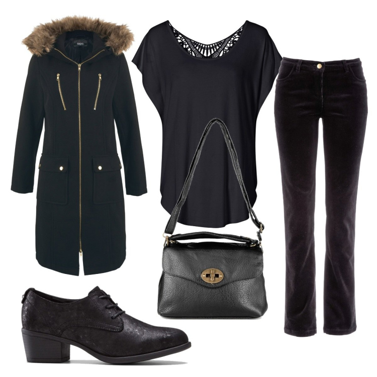 Outfit donna - Total look #1500814. Stile Minimal per Tutti i giorni. Abbinamento con pantaloni, cappotti, maglieria, francesine, borse a mano.