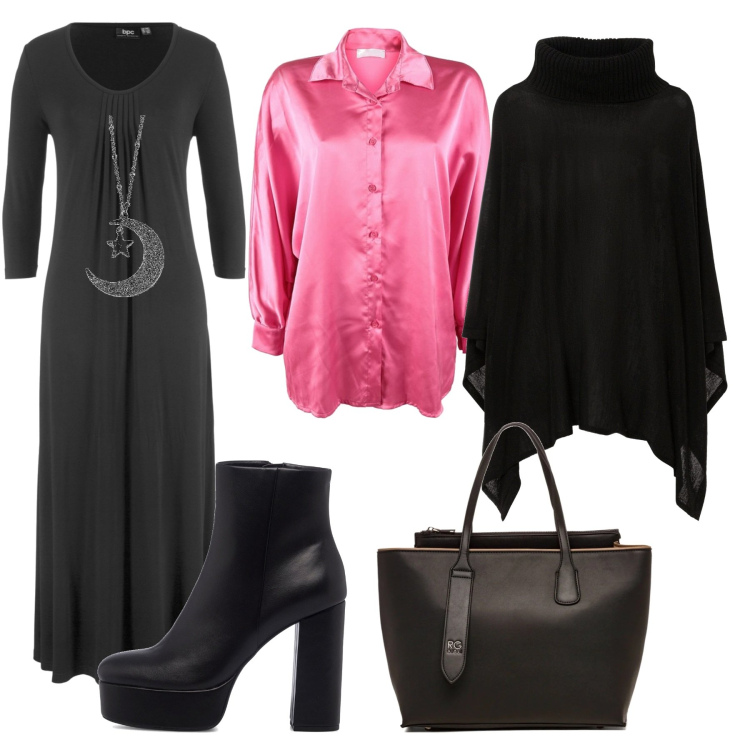 Outfit donna - Fucsia e nero #curvyplus. Stile Trendy per Tutti i giorni. Abbinamento con vestiti lunghi, cappotti, camicie, ciondoli, stivaletti, borse a spalla.