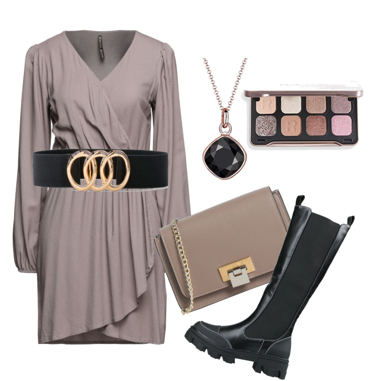 Outfit donna - Un tocco di ombretto. Stile Chic per Serata fuori. Abbinamento con cinture, vestiti corti, stivali, borse a tracolla, ombretti, collane.