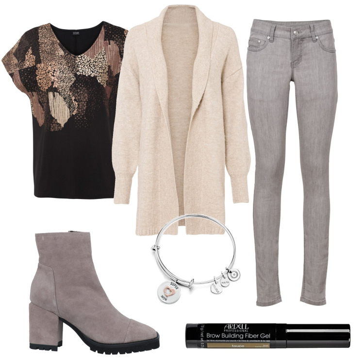 Outfit donna - Stivaletto. Stile Urban per Tutti i giorni. Abbinamento con maglieria, jeans skinny, cardigans, stivaletti, braccialetti, mascara.