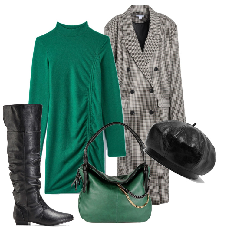 Outfit donna - Verde brillante e cappotto vichy. Stile Chic per Tutti i giorni. Abbinamento con stivali sopra il ginocchio, cappotti, vestiti corti, borse a spalla, cappelli con visiera.