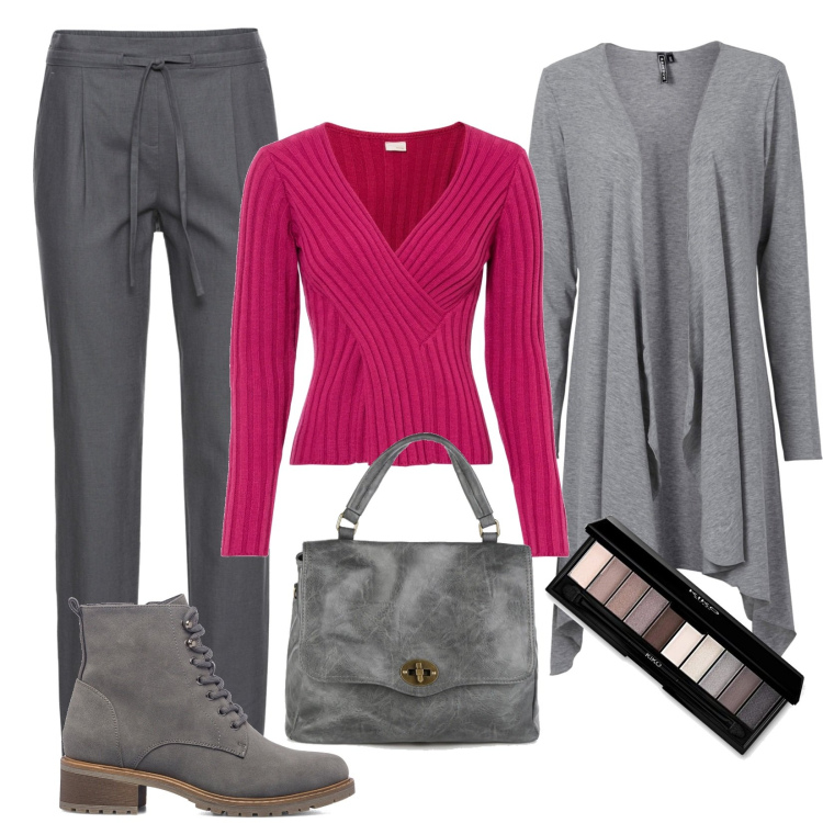 Outfit donna - Grigio. Stile Casual per Tutti i giorni. Abbinamento con pantaloni, cardigans, maglieria, borse a mano, anfibi, ombretti.