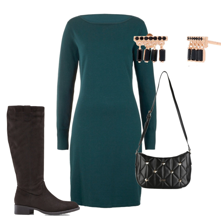 Outfit donna - Total look #1501048. Stile Casual chic per Tutti i giorni. Abbinamento con stivali, vestiti, borse a tracolla, orecchini.