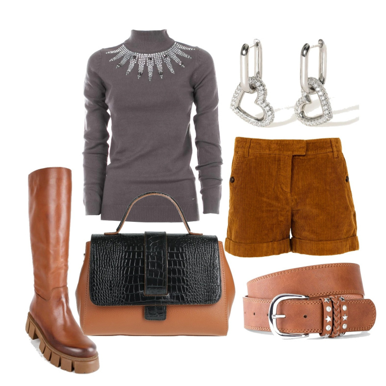 Outfit donna - Punto sull\'originalità. Stile Casual per Tutti i giorni. Abbinamento con cinture, borse a mano, stivali, orecchini, shorts, maglieria.