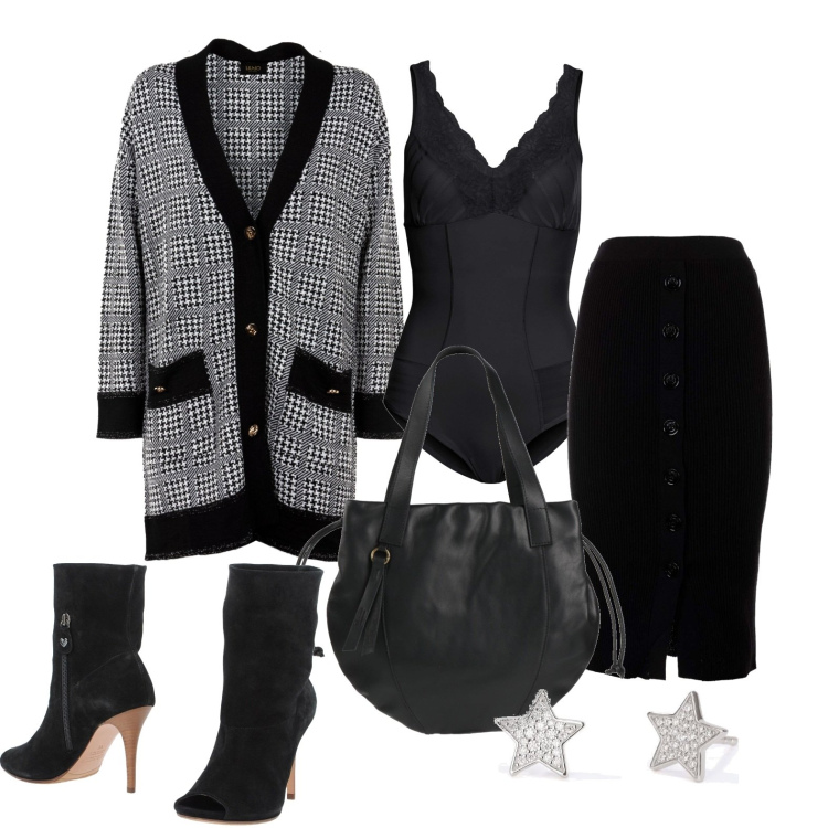 Outfit donna - A volte sono classica. Stile Chic per Ufficio. Abbinamento con body, stivaletti, borse a mano, orecchini, maglieria, gonne lunghe.