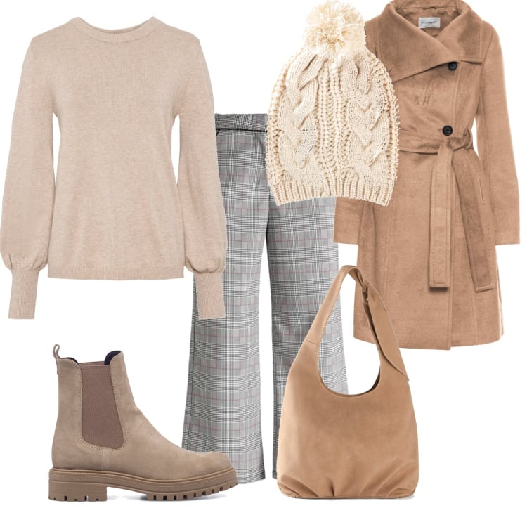 Outfit donna - Se fuori fa freddo. Stile Casual per Tutti i giorni. Abbinamento con maglieria, cappotti, borse a tracolla, berretti, pantaloni, stivaletti.