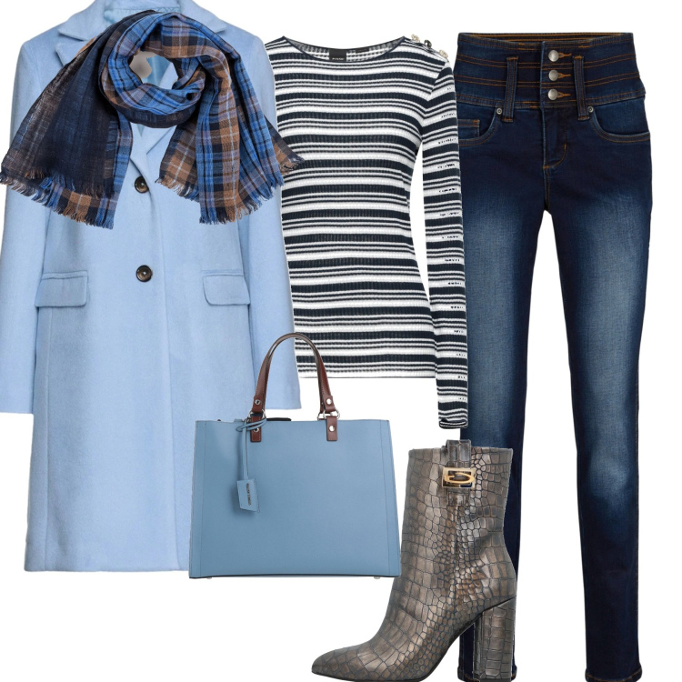 Outfit donna - In città. Stile Casual chic per Tutti i giorni. Abbinamento con stivaletti, cappotti, borse a mano, pullovers, jeans, sciarpe.