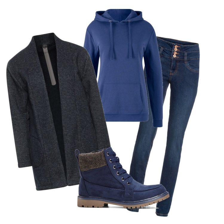 Outfit donna - Blu. Stile Casual per Tutti i giorni. Abbinamento con felpe con cappuccio, jeans, stivaletti, cappotti.