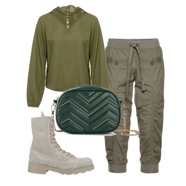 Outfit donna - Il pizzo e i cargo. Stile Urban per Tutti i giorni. Abbinamento con pantaloni capri, bluse, borse a tracolla, stivaletti.