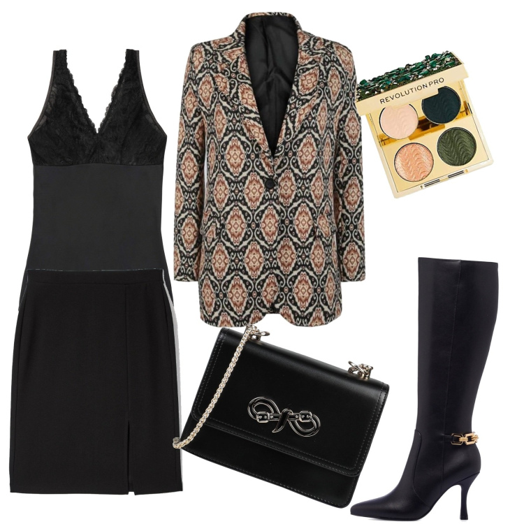 Outfit donna - Serata elegante. Stile Chic per Serata fuori. Abbinamento con top, borse a tracolla, gonne, blazer, stivali sopra il ginocchio, ombretti.