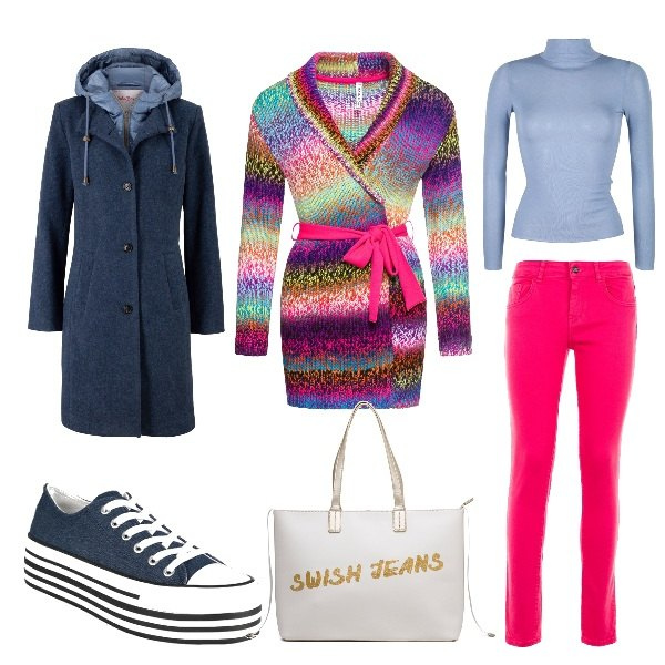 Outfit donna - I jeans fucsia. Stile Casual per Tutti i giorni. Abbinamento con cappotti, cardigans, sneakers, maglieria, jeans, borse a spalla.