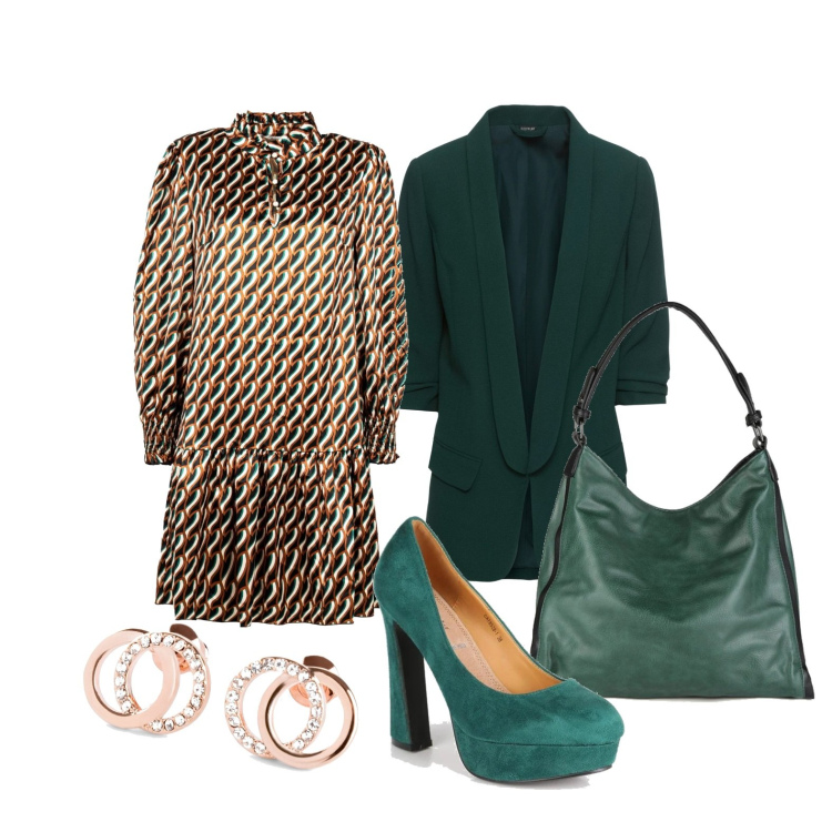 Outfit donna - Sempre di fretta. Stile Casual chic per Tutti i giorni. Abbinamento con blazer, orecchini, décolleté, borse a spalla, vestiti corti.