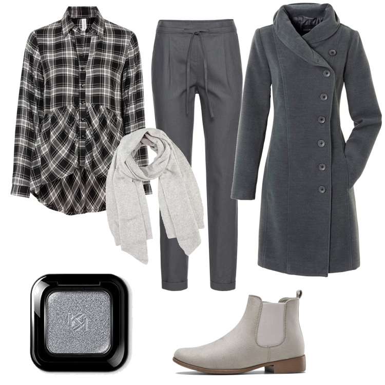Outfit donna - Grigio chiaro e scuro. Stile Casual chic per Tutti i giorni. Abbinamento con cappotti, pantaloni, camicie, stivaletti chelsea, ombretti, sciarpe.