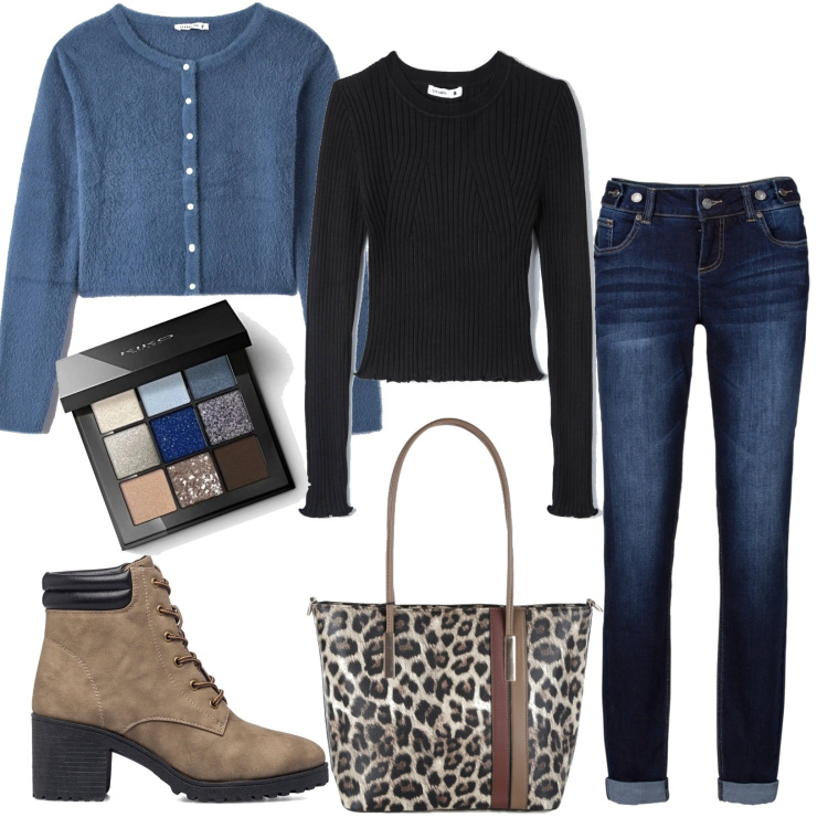 Outfit donna - Giorno di shopping. Stile Urban per Tutti i giorni. Abbinamento con jeans boyfriend, cardigans, maglieria, borse a spalla, anfibi, ombretti.