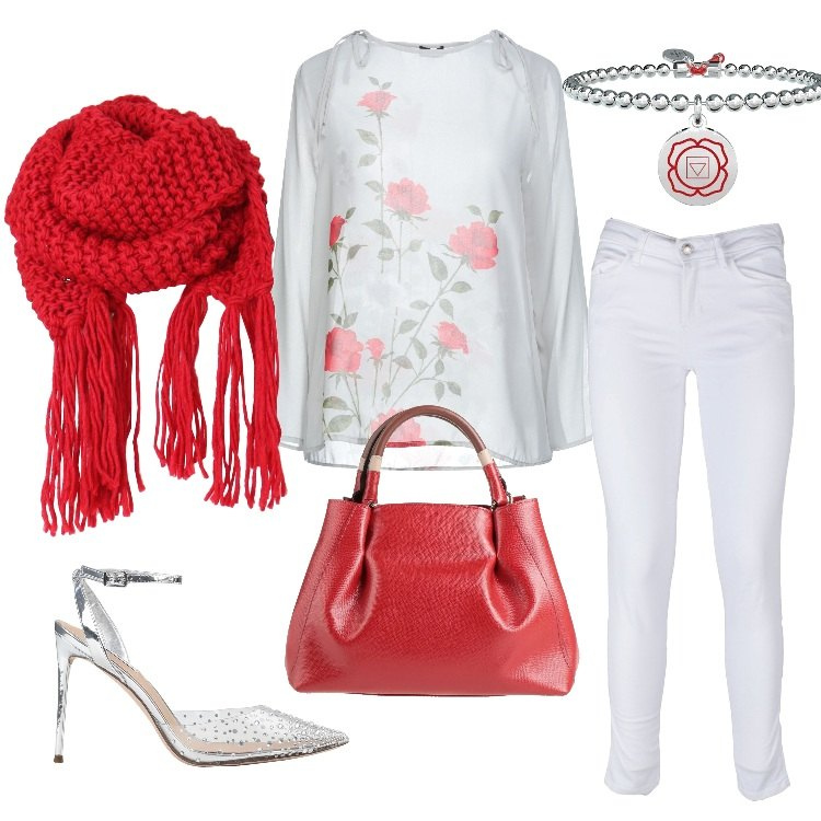 Outfit donna - Bianco e rosso. Stile Bon Ton per Tutti i giorni. Abbinamento con décolleté, borse a mano, bluse, pantaloni skinny, ciondoli, sciarpe.