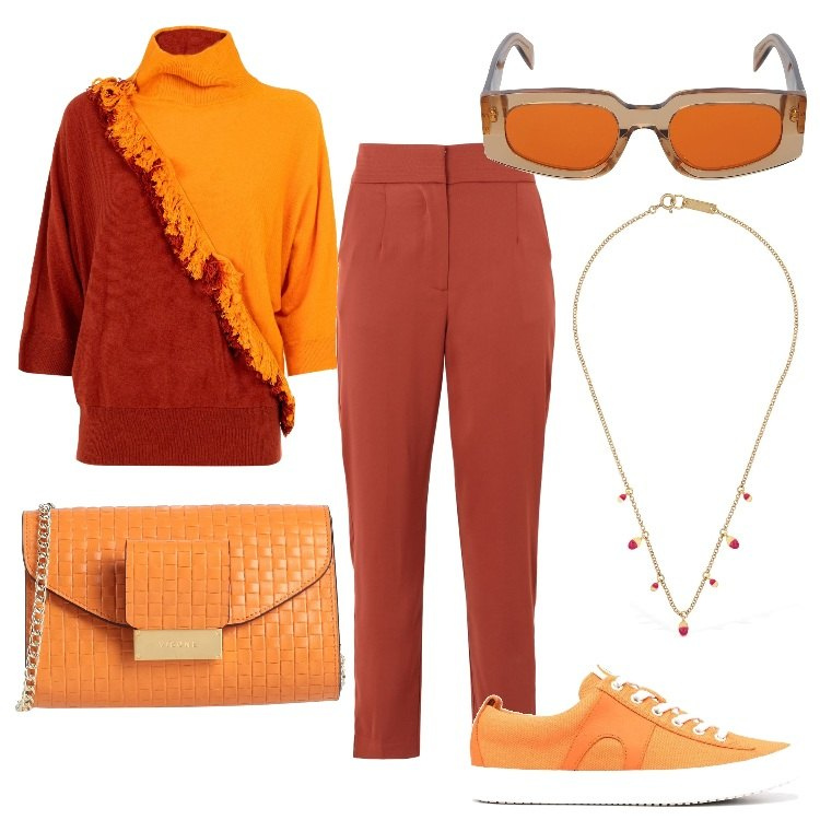 Outfit donna - Atancione e mattone. Stile Sporty chic per Tutti i giorni. Abbinamento con maglieria, sneakers, pantaloni, borse a tracolla, collane, occhiali da sole.