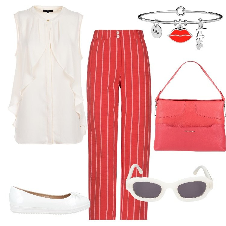 Outfit donna - Rosso e bianco. Stile Bon Ton per Tutti i giorni. Abbinamento con bluse, ciondoli, pantaloni, ballerine, borse a spalla, occhiali da sole.