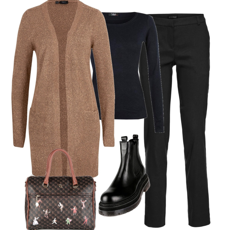 Outfit donna - In città. Stile Casual chic per Tutti i giorni. Abbinamento con pantaloni, cardigans, borse a mano, stivaletti, pullovers.