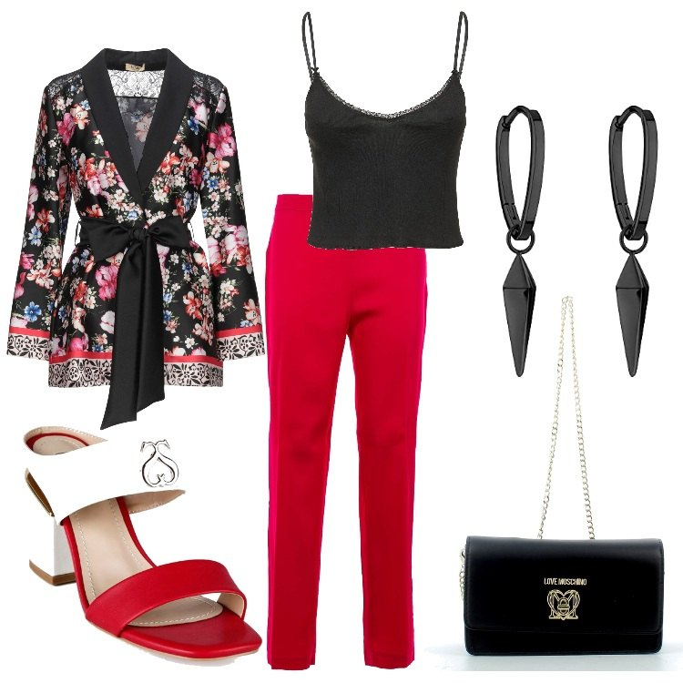 Outfit donna - Nero e rosso. Stile Trendy per Serata fuori. Abbinamento con sabot, pantaloni, clutch, blazer, orecchini, top.