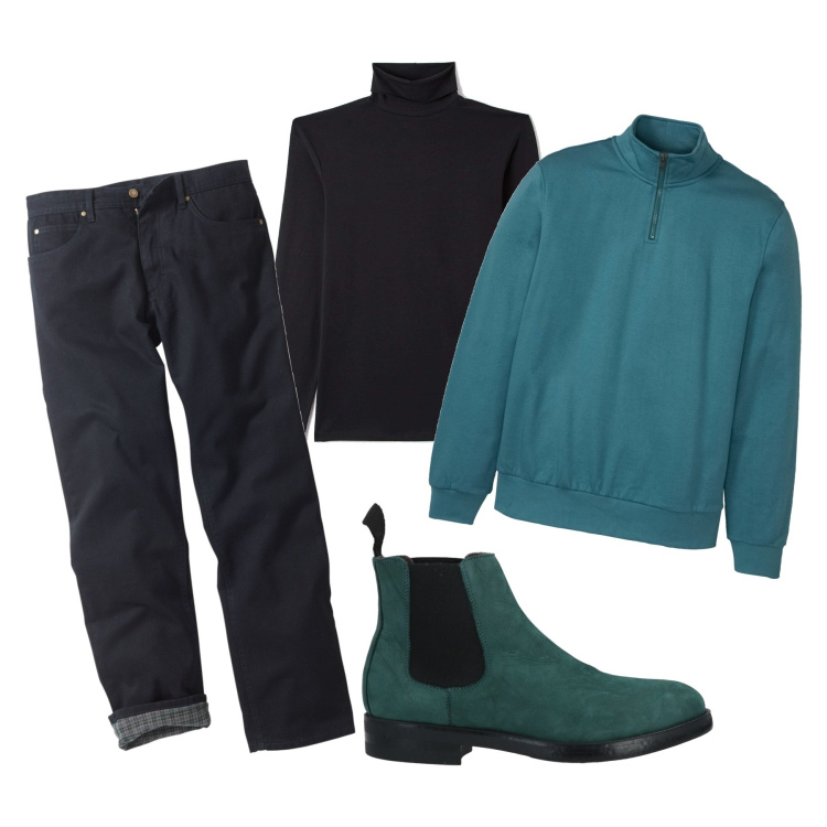 Outfit uomo - Azzurri e verdi. Stile Urban per Tutti i giorni. Abbinamento con felpe, jeans dritti, stivali e stivaletti, t-shirt.