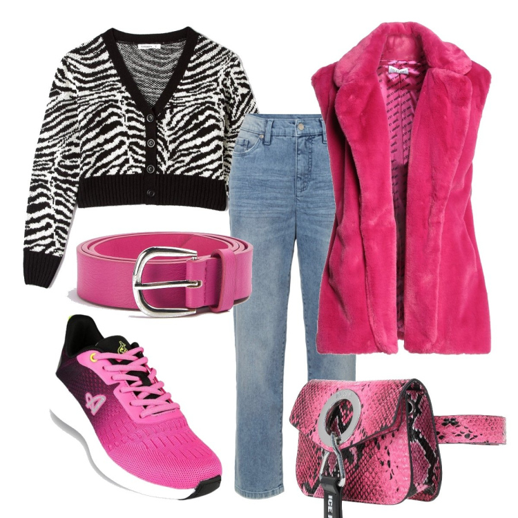 Outfit donna - Fucsia animalier. Stile Casual chic per Tutti i giorni. Abbinamento con jeans mom, marsupi, cappotti, cardigans, cinture, sneakers.