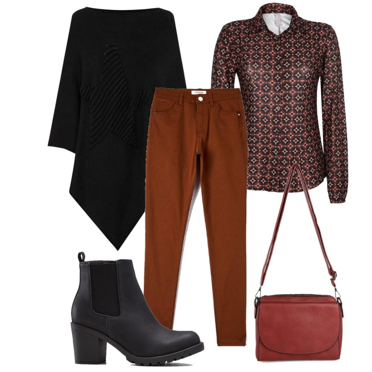 Outfit donna - Il poncho nero. Stile Casual chic per Tutti i giorni. Abbinamento con stivaletti, cappotti, pantaloni skinny, camicie, borse a tracolla.
