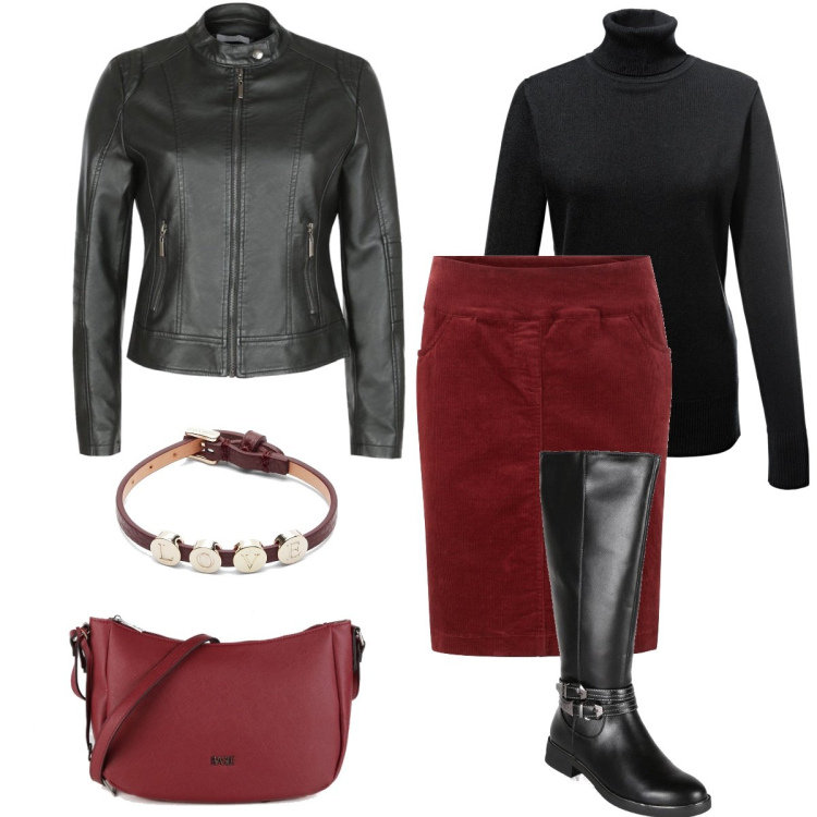 Outfit donna - Un po’ di bordeaux. Stile Casual chic per Serata fuori. Abbinamento con maglieria, gonne, stivali, giacche, borse a tracolla, braccialetti.