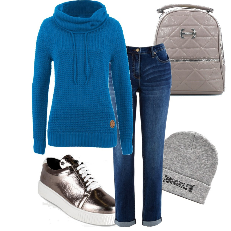 Outfit donna - Oggi con le sneakers. Stile Basic per Tutti i giorni. Abbinamento con jeans boyfriend, maglieria, cappelli con visiera, sneakers alte, zaini.