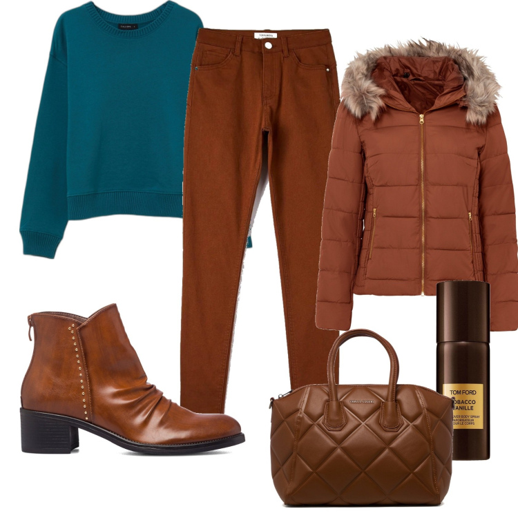 Outfit donna - Colori caldi per il freddo. Stile Casual chic per Tutti i giorni. Abbinamento con giacche, pantaloni skinny, felpe, stivaletti, borse a mano, profumi.