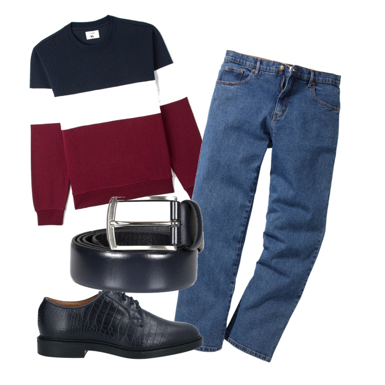 Outfit uomo - Le bande rosse e blu. Stile Casual per Tutti i giorni. Abbinamento con jeans dritti, scarpe stringate, felpe, cinture.